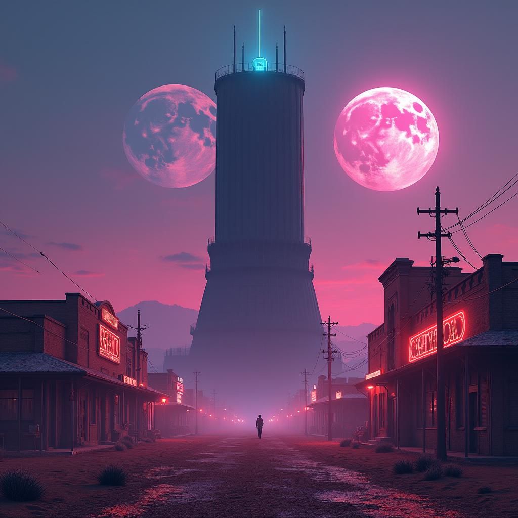 Ominous Tower in Retro-Futuristic Western Landscape