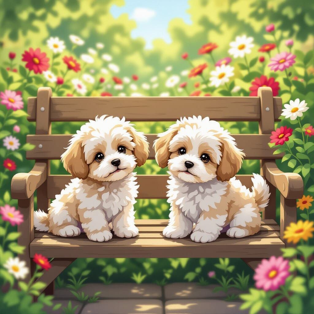 Adorable Maltipoo Puppies on a Bench in Anime Style