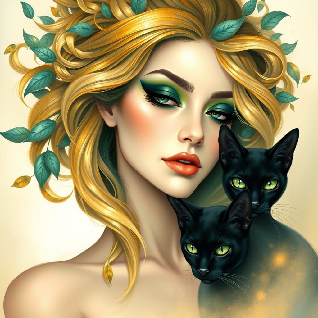Woman in Golden Hair Tendrils, Surrounded by Nature and Cats