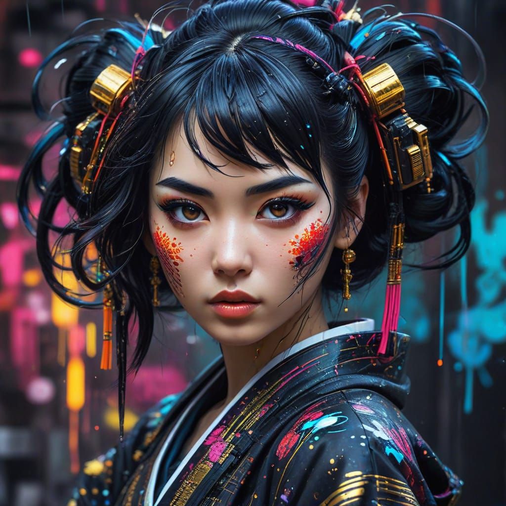 Cyberpunk Geisha with Vibrant, Glowing Eyes in Graffiti Art