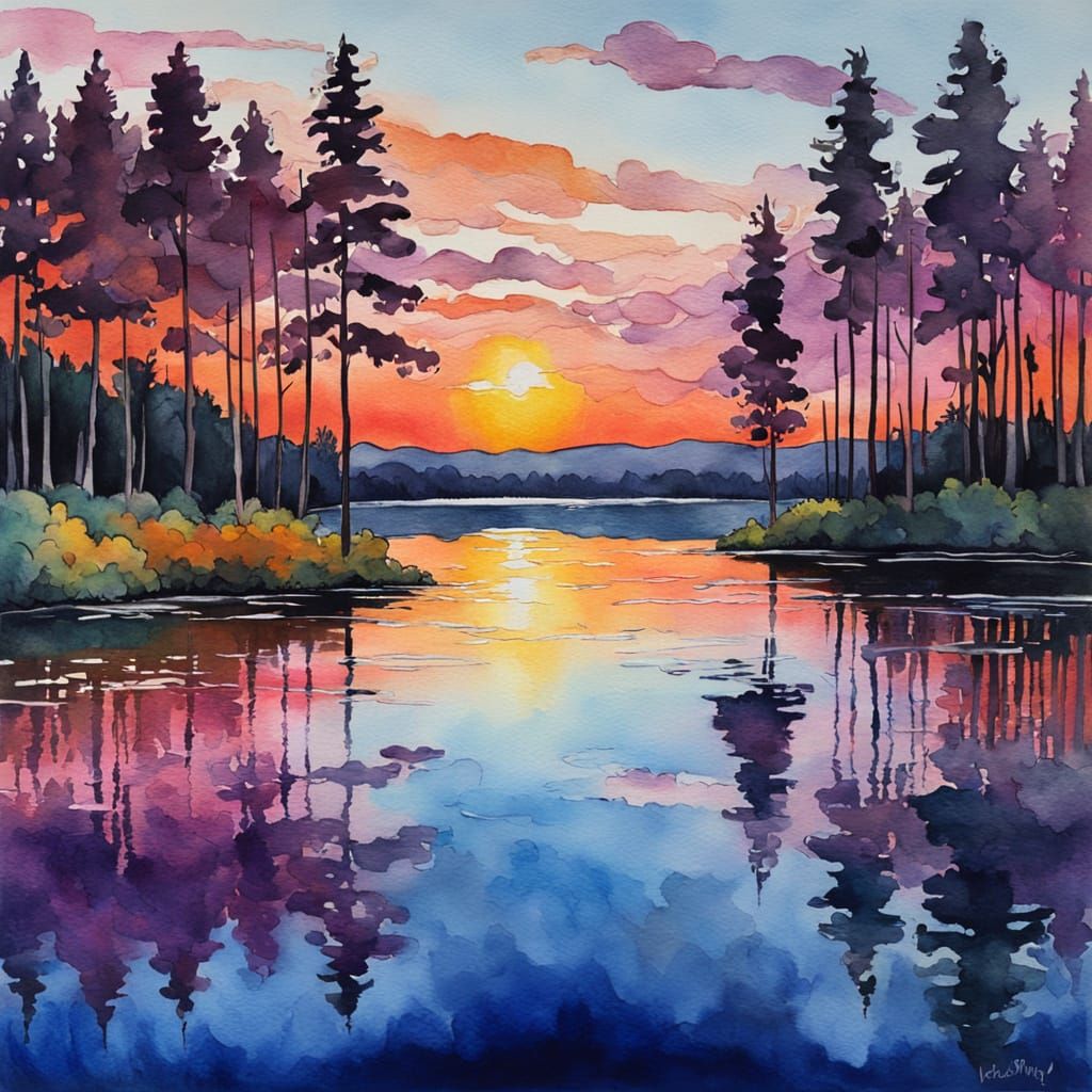 Serene Lake Reflecting Vibrant Sunset in Watercolor Style