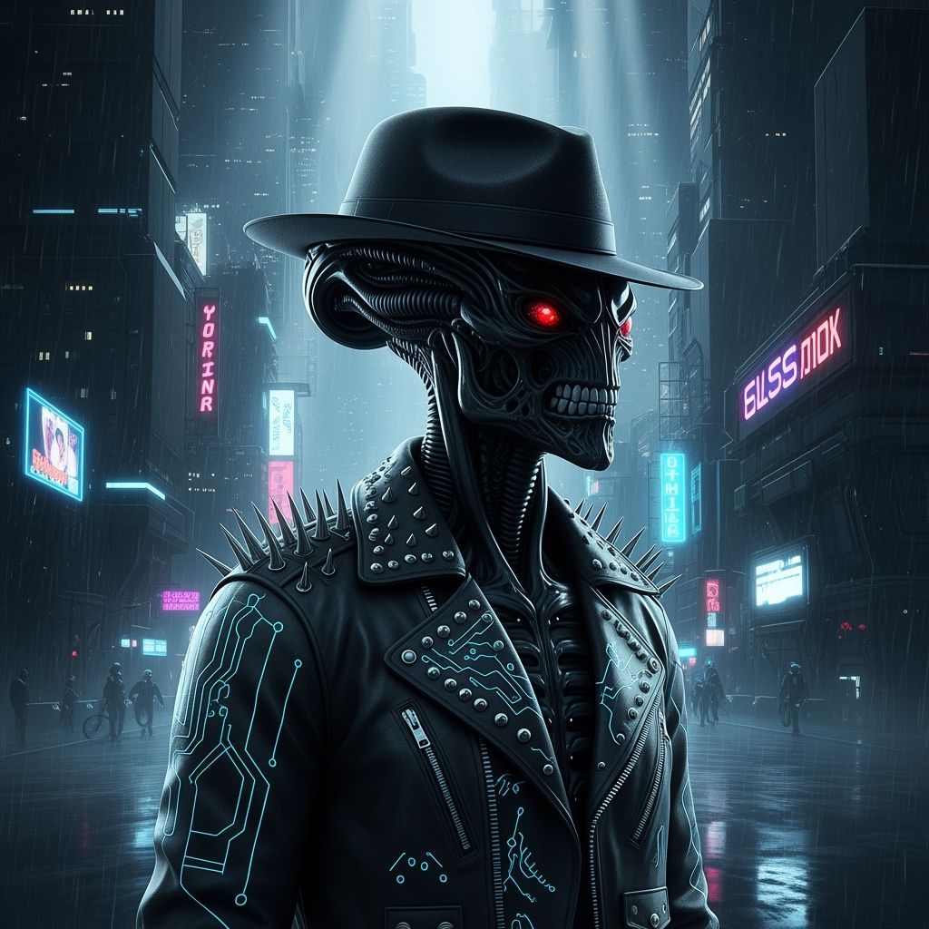 Futuristic Alien in Fedora and Leather Jacket
