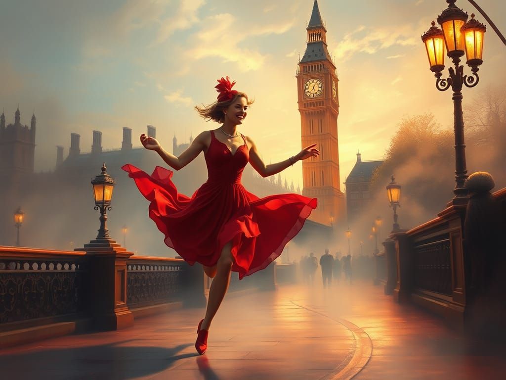 Joyful Red Dancer in London: Ethereal Folk Art
