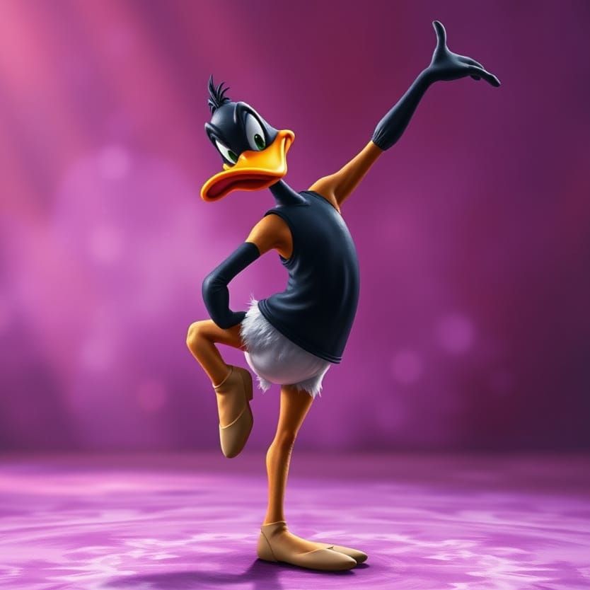 Disney's "Daffy Duck" in black & purple colored outfit, big ballet shoes. 🩰🕺