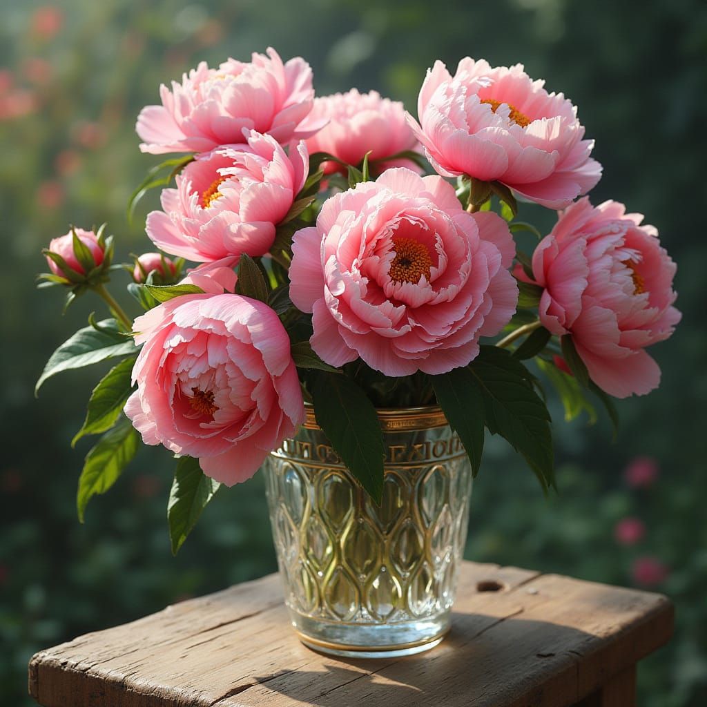Peonies in Crystal Vase in Garden