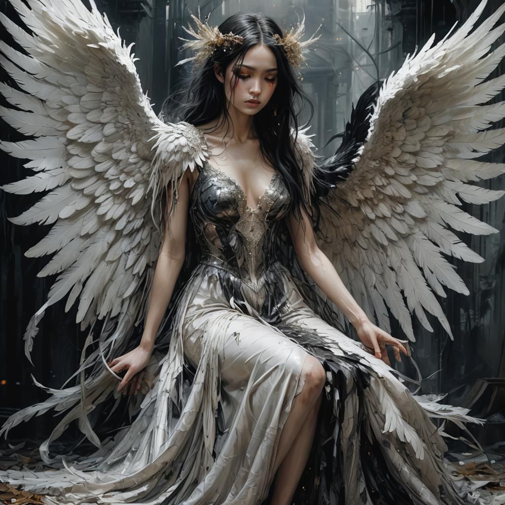 Gothic Fallen Angel with Ebony Hair and Wings