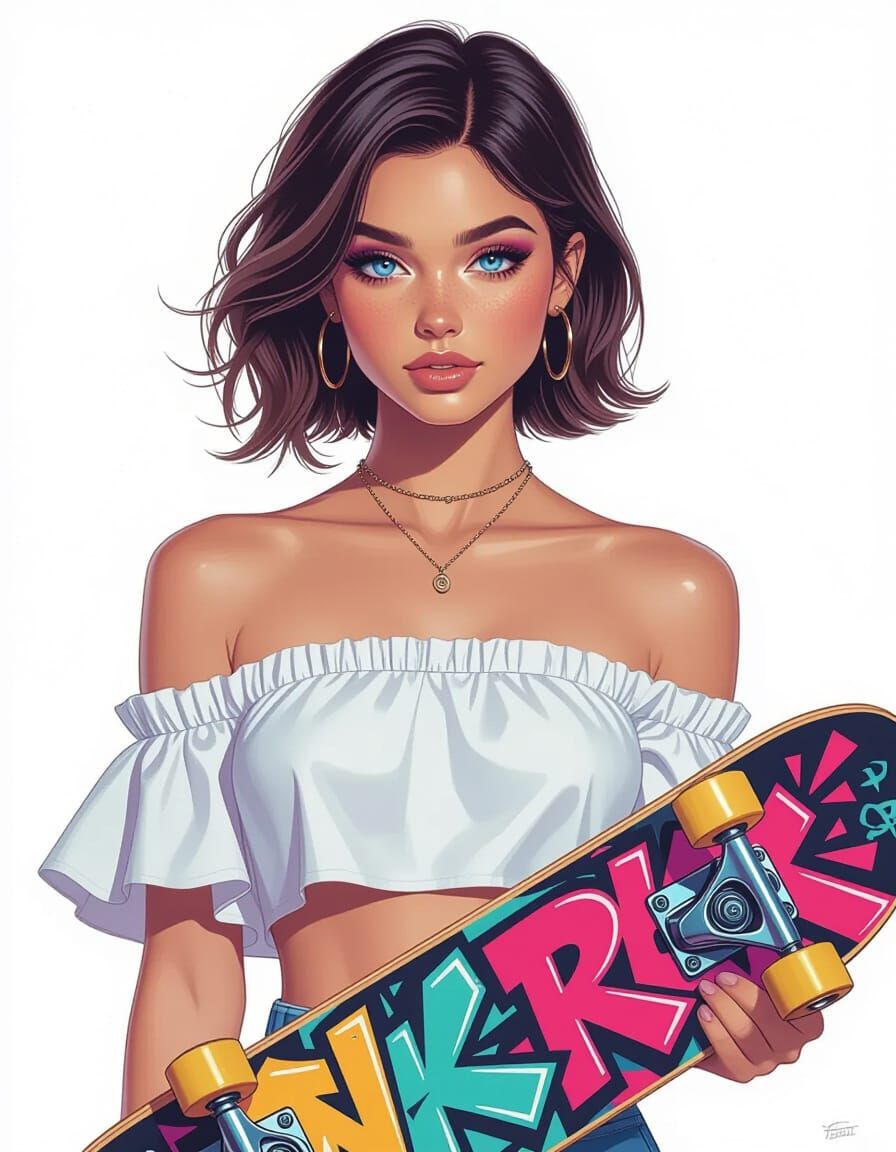 Woman with Longboard in Street Art Style