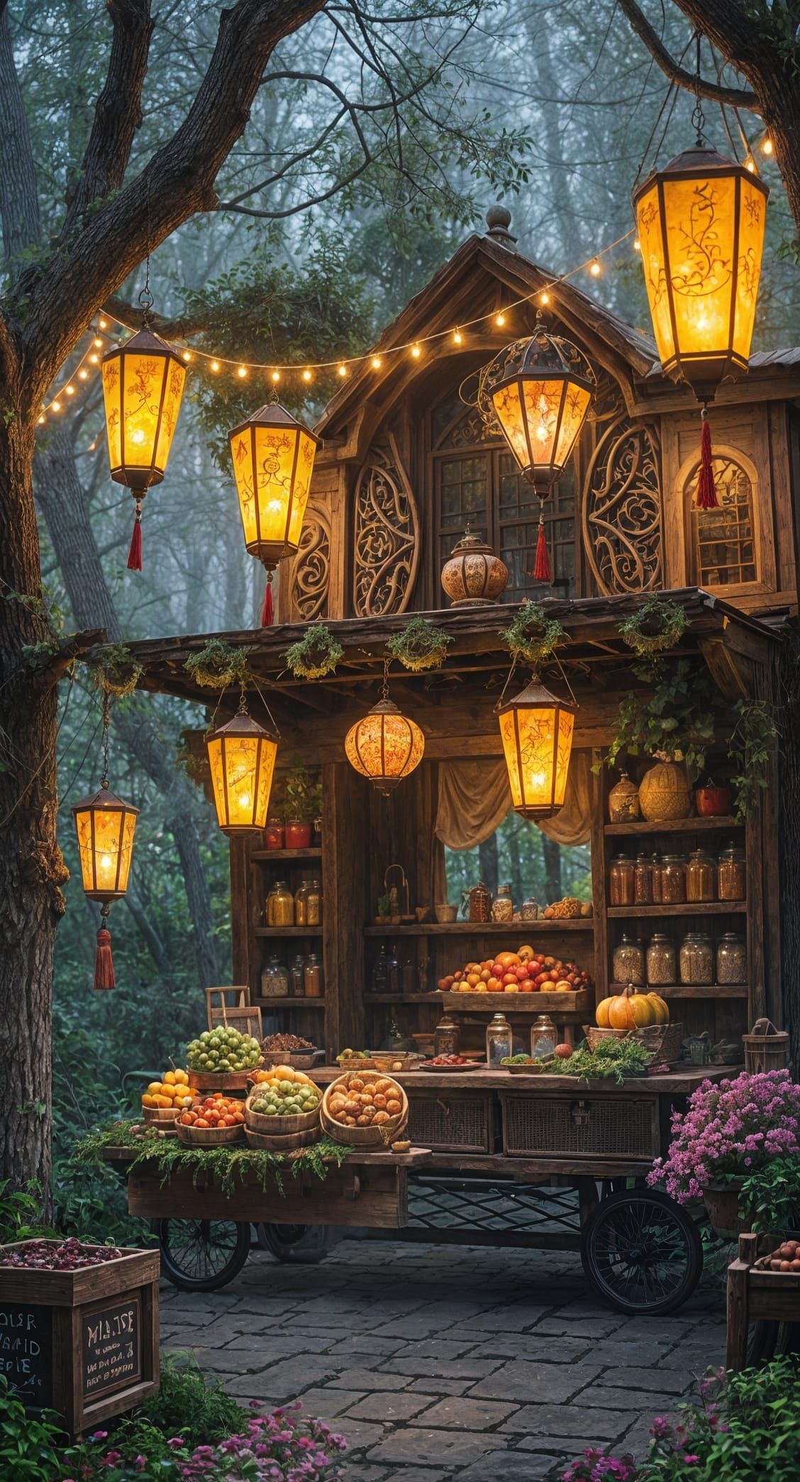 Enchanted Twilight Market Stall in Mystic Forest