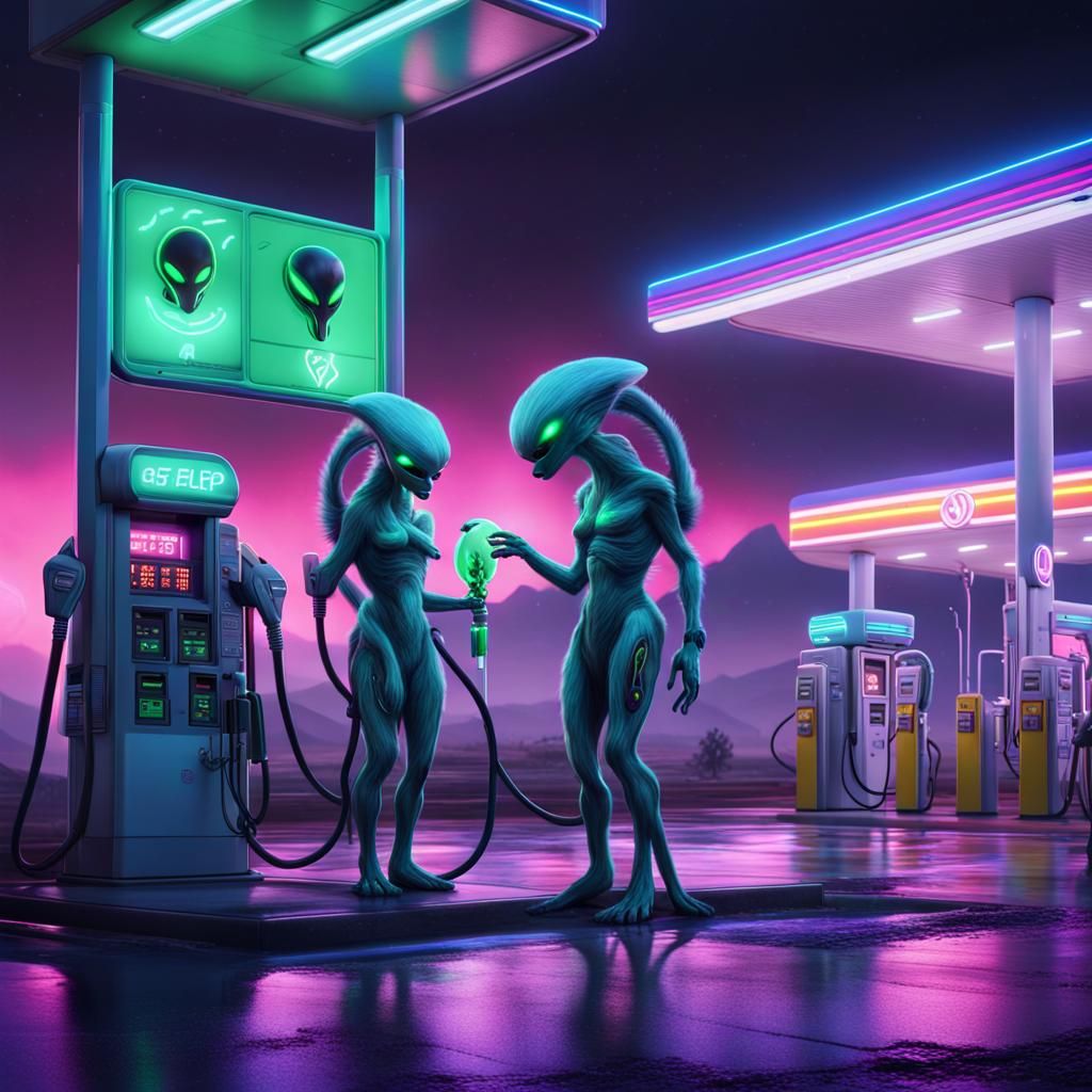 Furry Aliens Refueling at Neon Gas Station