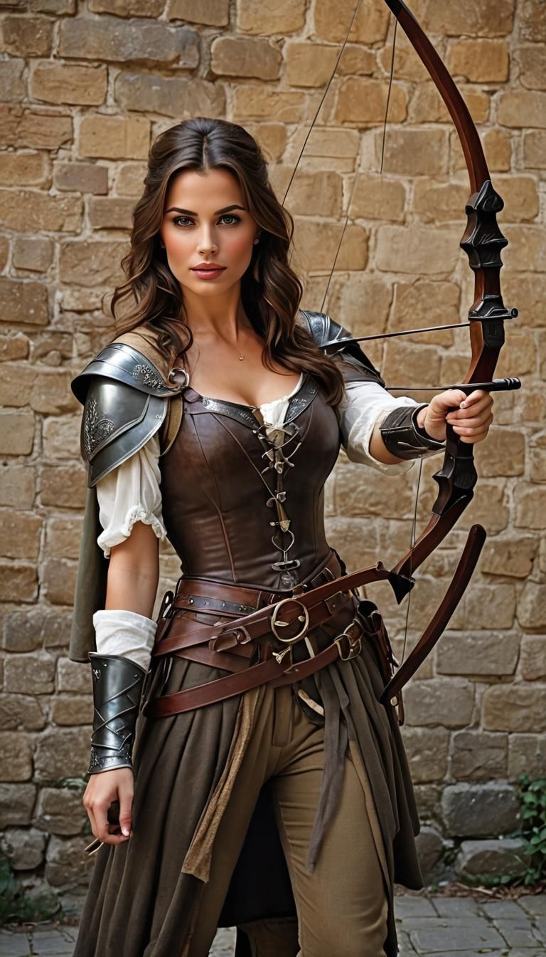 A gorgeous Brunette, wearing green and brown leather, holding a Longbow