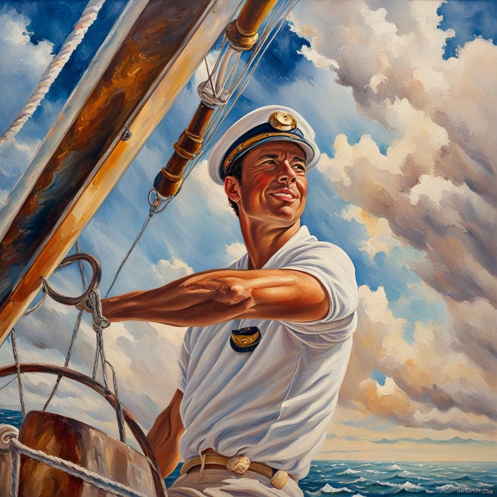 Sailor on Sailboat in Detailed Acrylic Painting