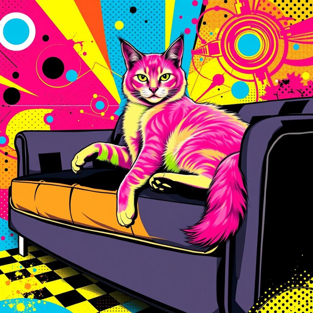 Electric Pink Cat Rules a Neon Pop Art Scene