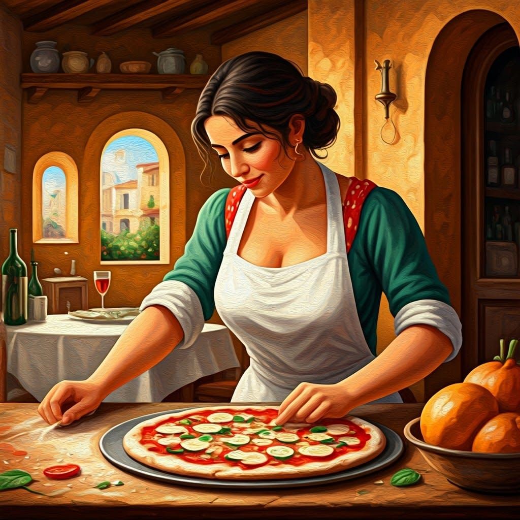 Italian Pizza Maker in Folk Art Style Oil Painting