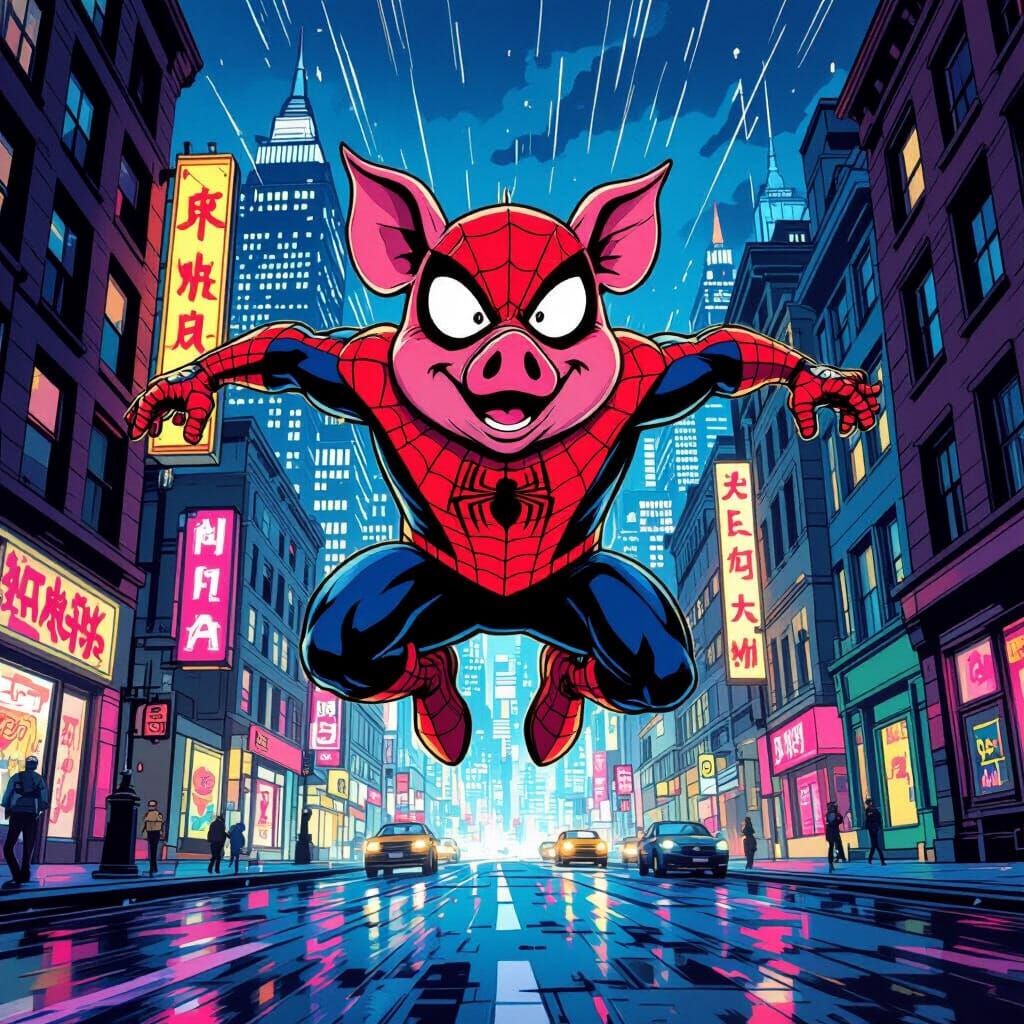 Spider-Pig Leaping Through Neon Cityscape