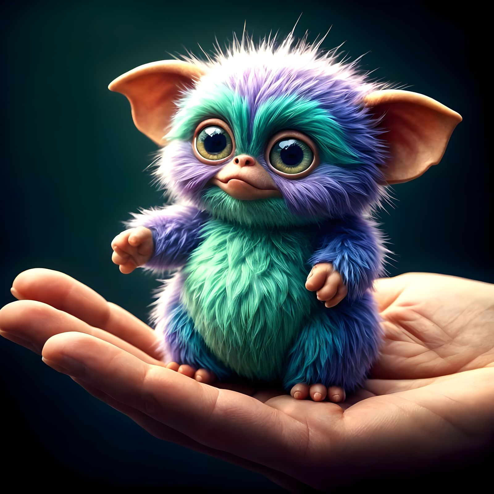 Whimsical Gremlin-Inspired Creature Cuddles Hand in Vivid Co...