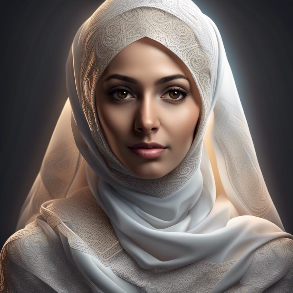 A hyper realistic beautiful woman age 30s, wearing hijab and...