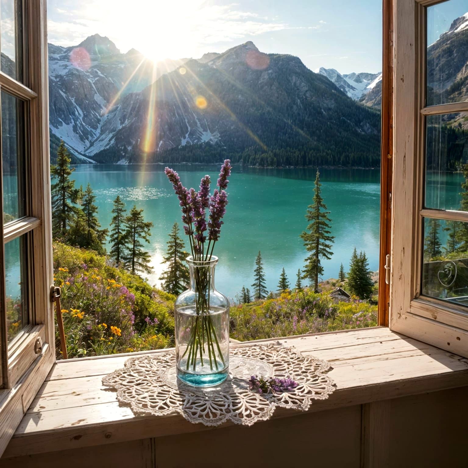 Lake View Through Window with Flowers and Rainbow