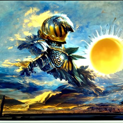 Armored Sunflower Soaring Through Golden Sky