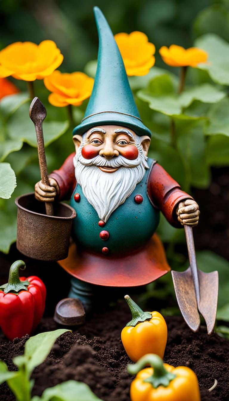 Whimsical Metal Gnomes Harvesting Peppers