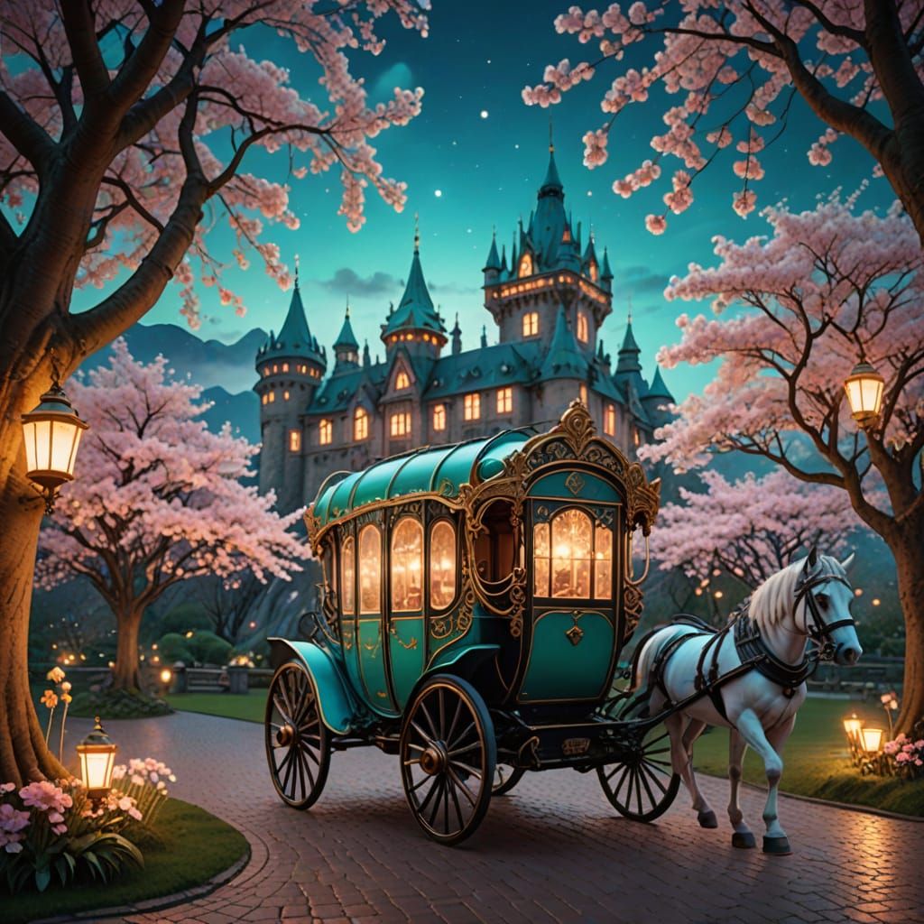 Art Nouveau Steampunk horse drawn Carriage, 

Inspired by Josephine Wall. Aqua green and turquoise hues with magenta pur...