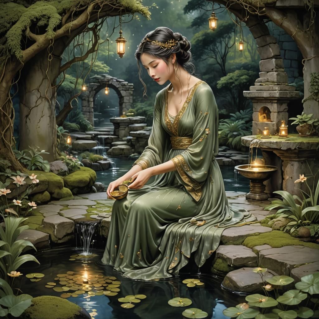 Moonlit Garden: Lady at Wishing Well in Ethereal Style