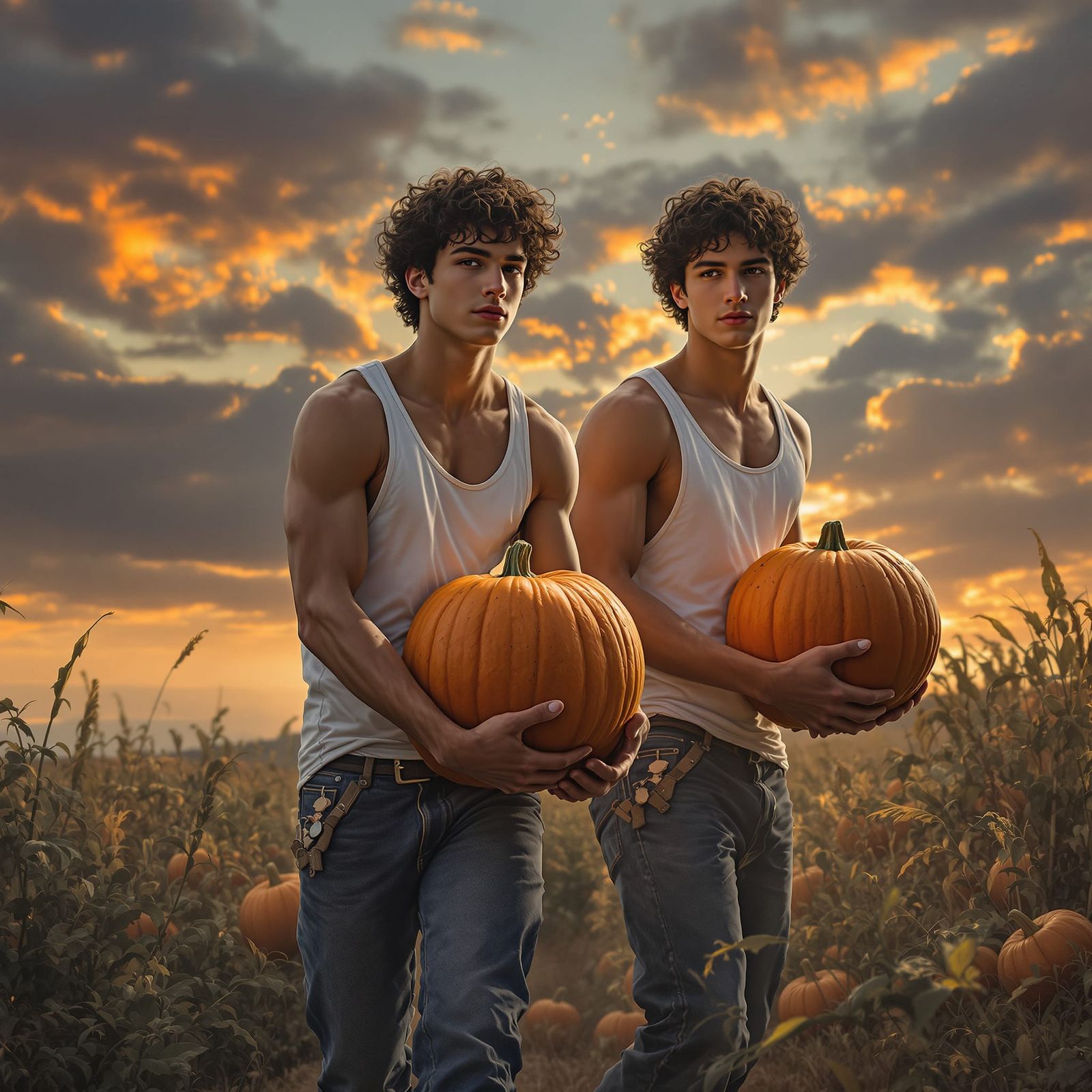 Italian Twins Carry Pumpkins in Cinematic Farm Scene