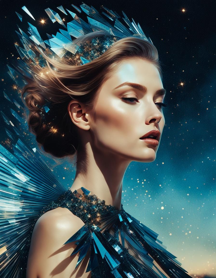 Shattered Glass Woman Portrait in Art Nouveau Style