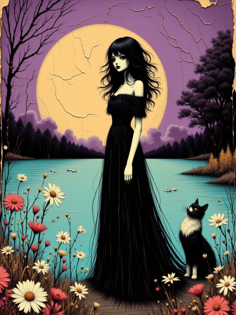 Manga Gothica Woman with Cat Under Luminous Moon
