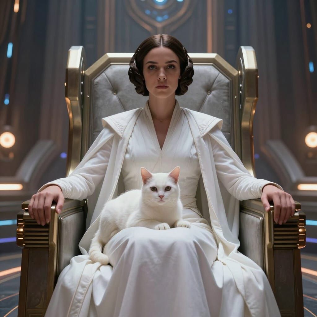 Princess Leia on Sci-Fi Throne with Cat