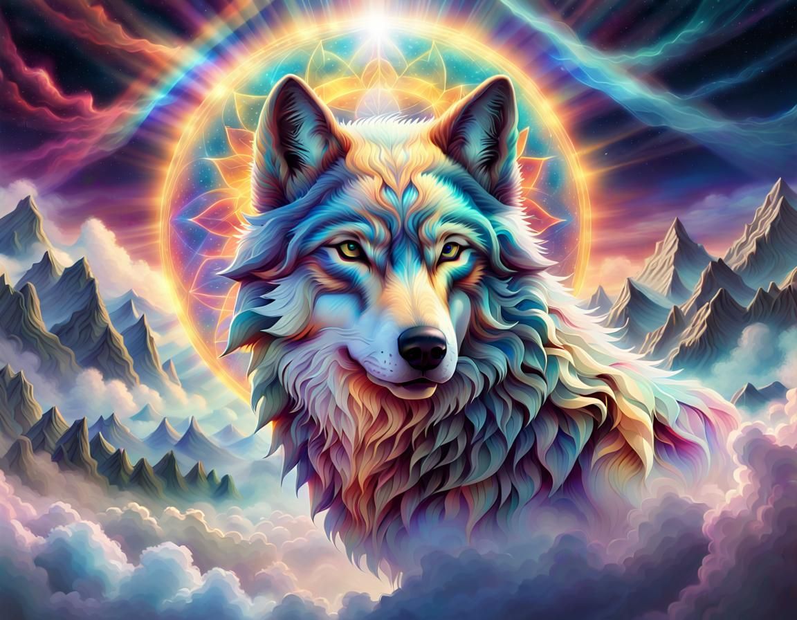 Prismatic Wolf in Astral Void: Cosmic Illustration