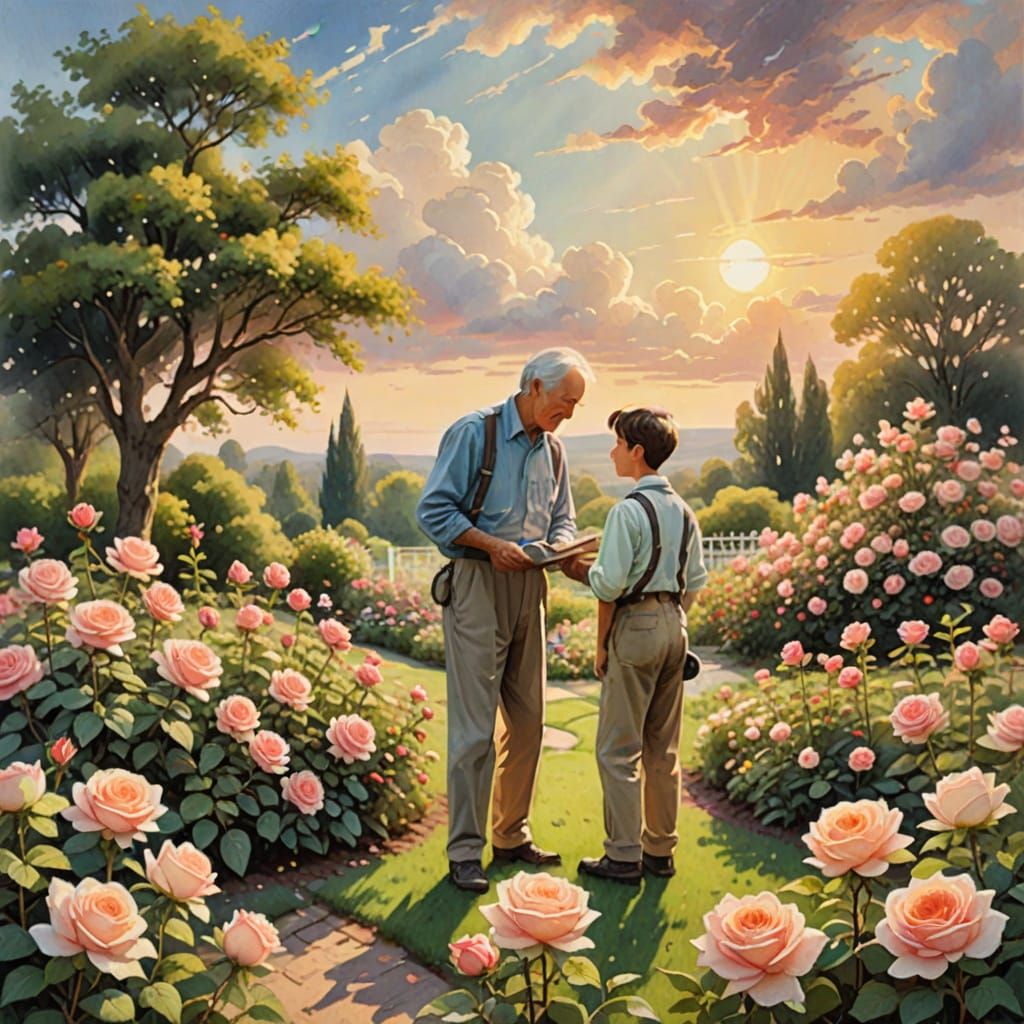 Boy and Grandfather in Rose Garden, Watercolor Painting