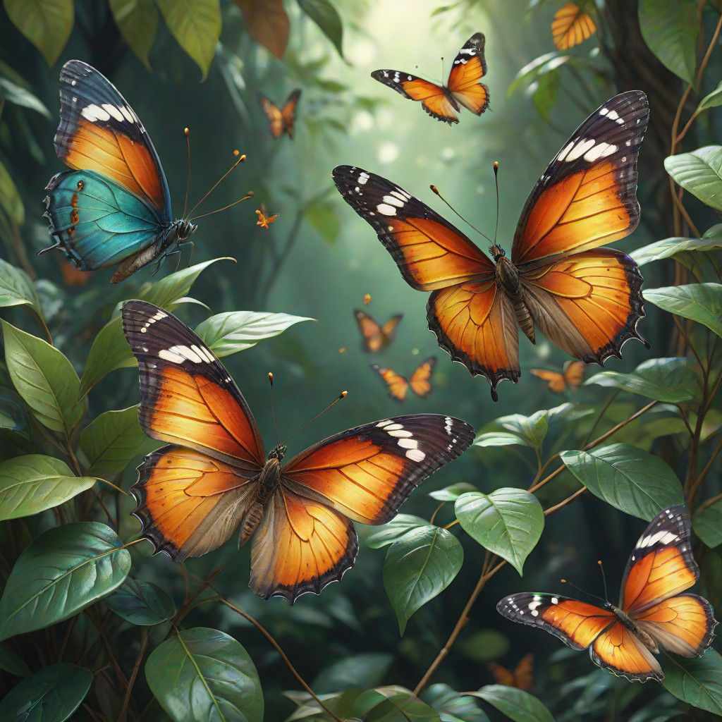 Vibrant Butterflies Thrive Among Authentic Leaves