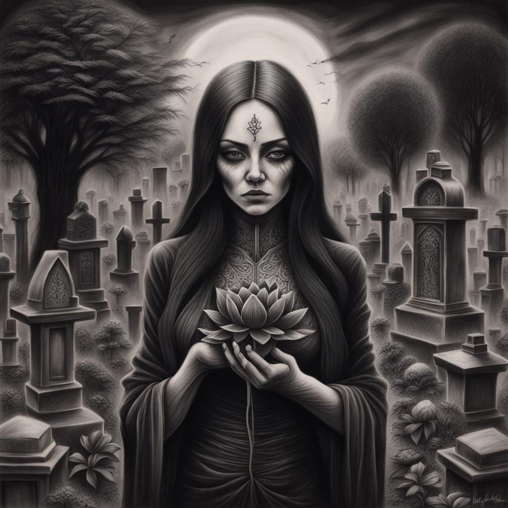Black Lotus Undertaker in Graveyard: Charcoal Art