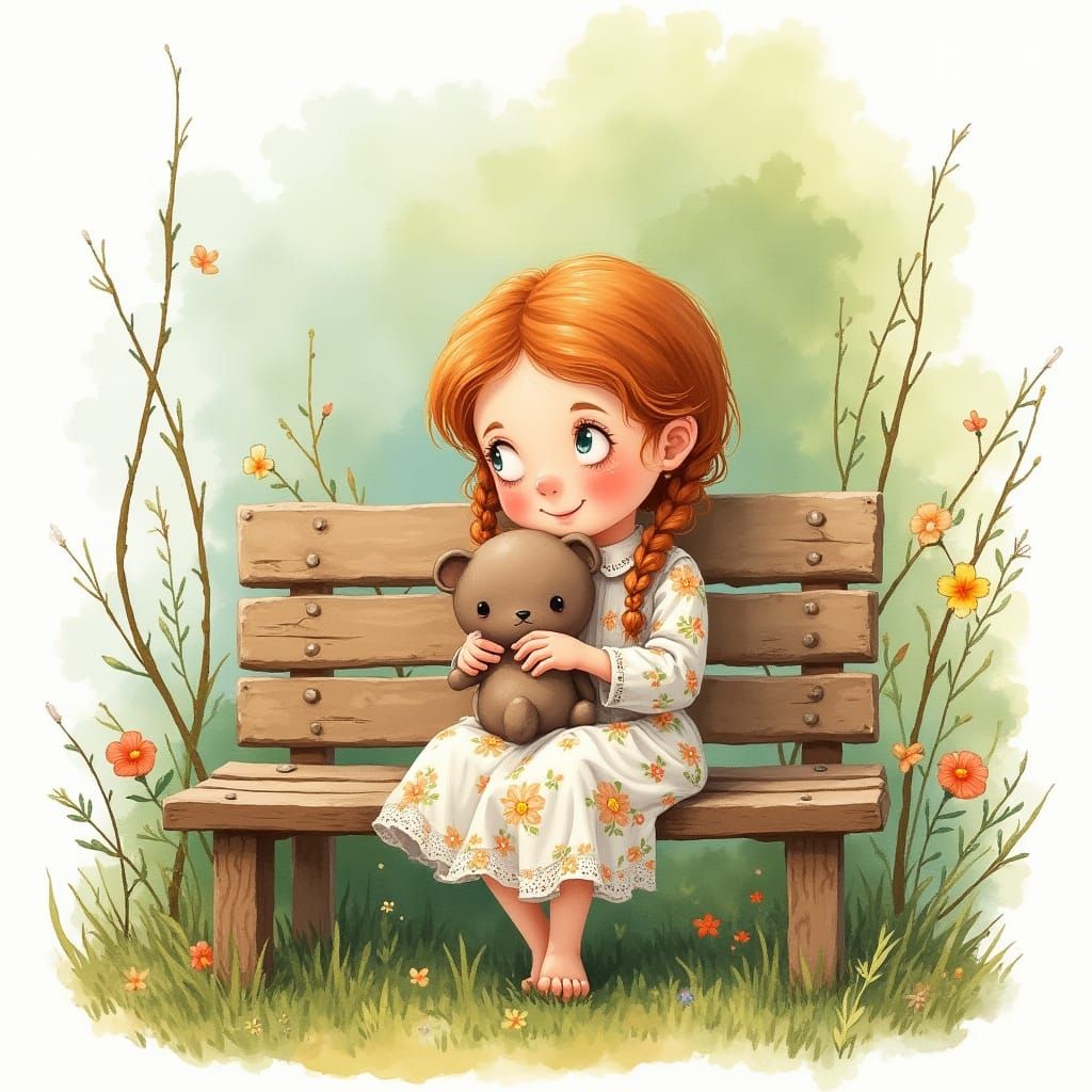 Whimsical Watercolour Garden Scene with Happy Young Girl