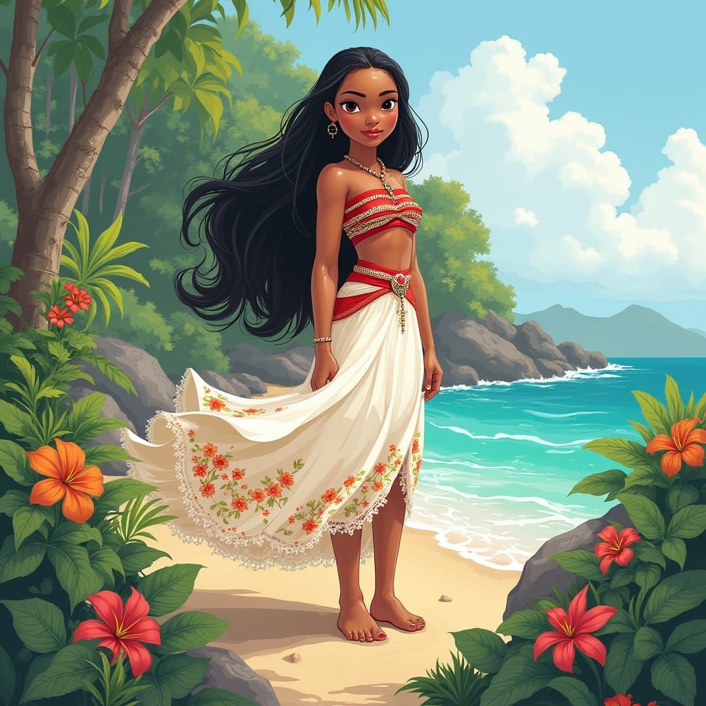 Moana on a Tropical Coastline, Watercolor Style