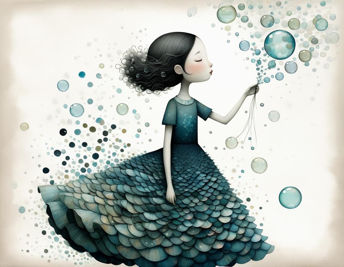 Girl in Fish Scale Dress Blows Bubbles