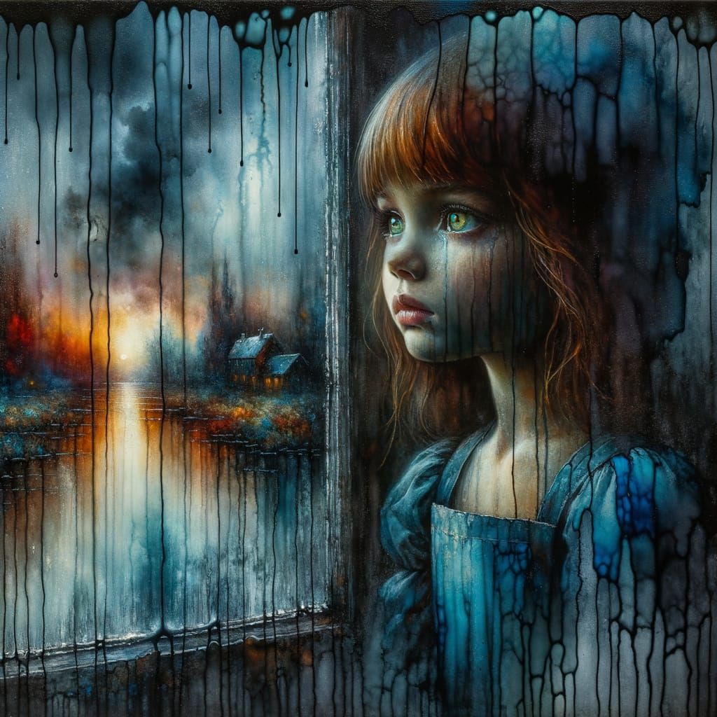 Moody Oil Painting of a Girl Gazing at Rainy Landscape