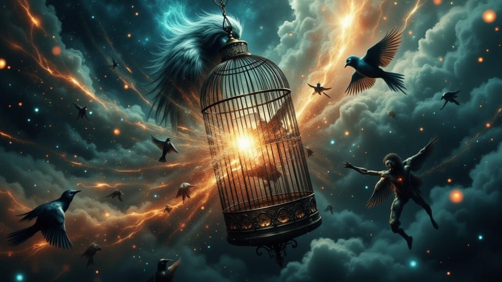 A surreal, multi-dimensional birdcage constructed from pure ...