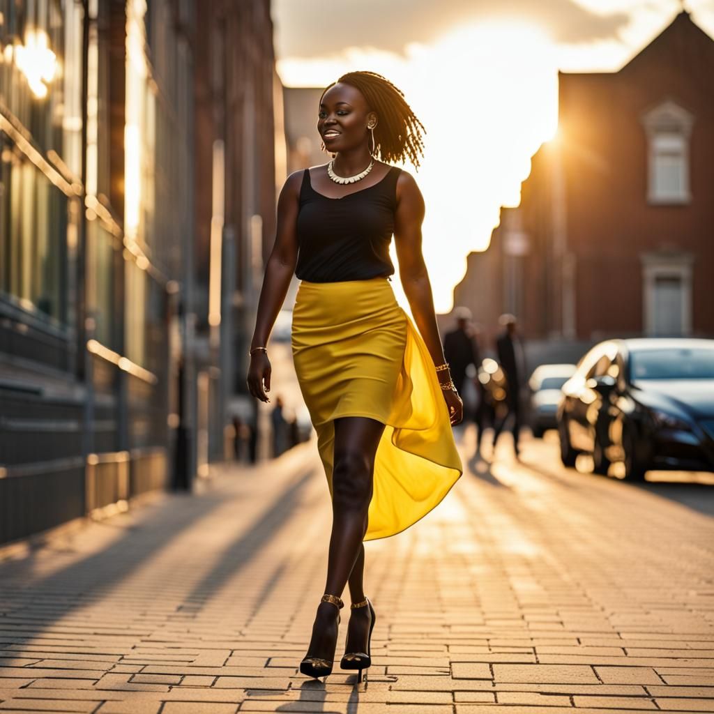 African Woman Walking in City at Sunset