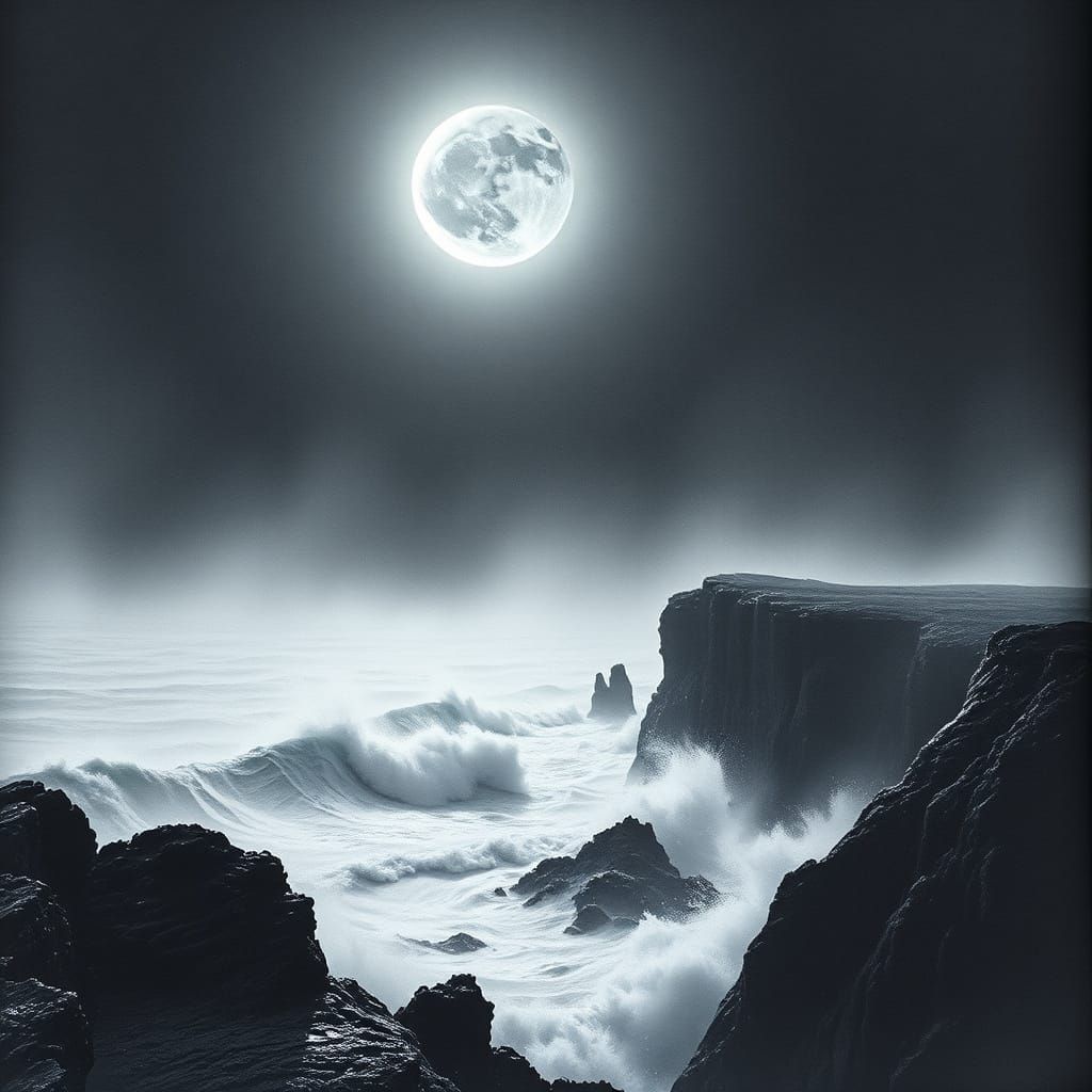 Luminous Crescent Moon Over Stormy Sea