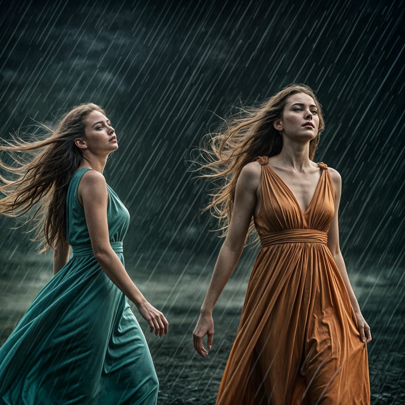 Dramatic Women in Rainstorm, Cinematic Film Still