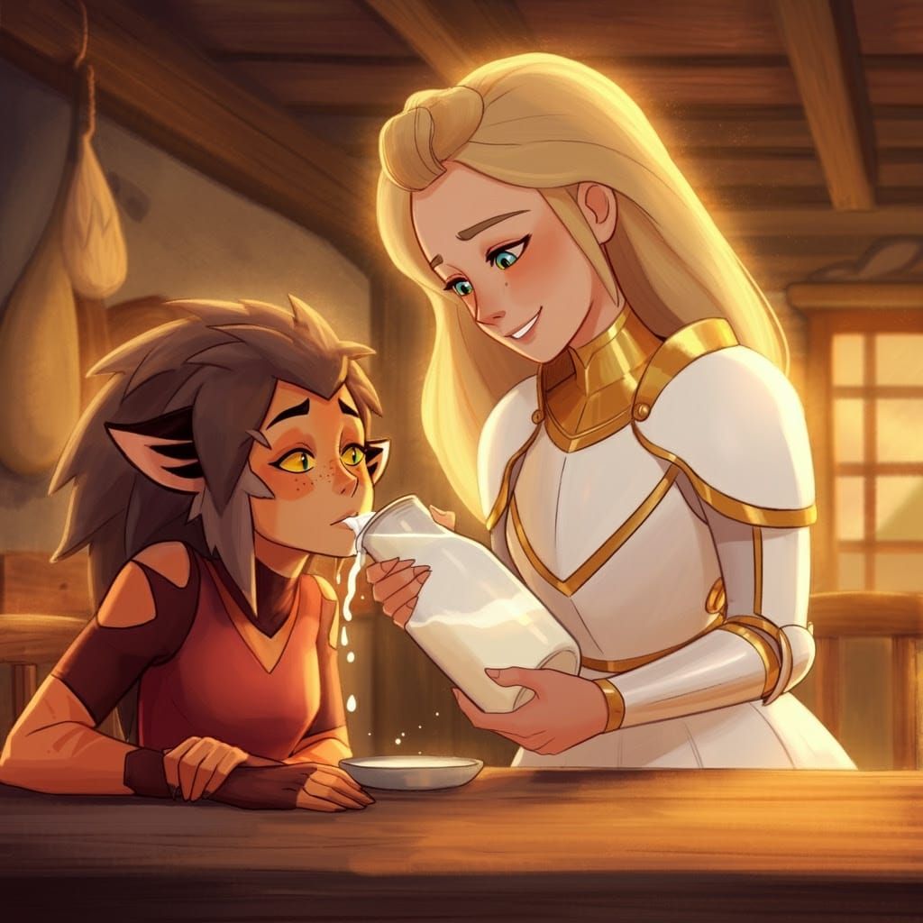 Princess Adora Feeds Catra in Whimsical Kitchen Scene