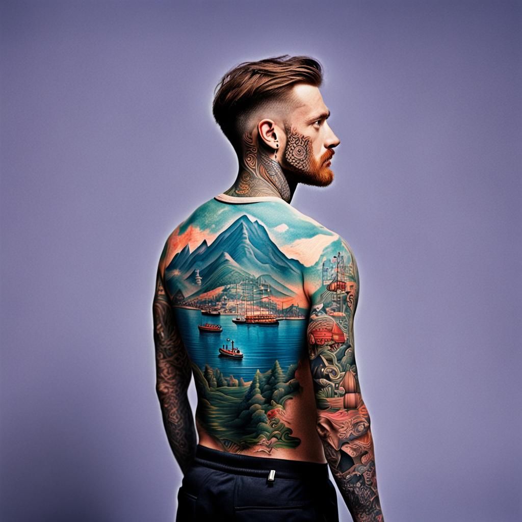Imaginative scenes showcasing characters with tattoos, each design reflecting personal stories, beliefs, or memories