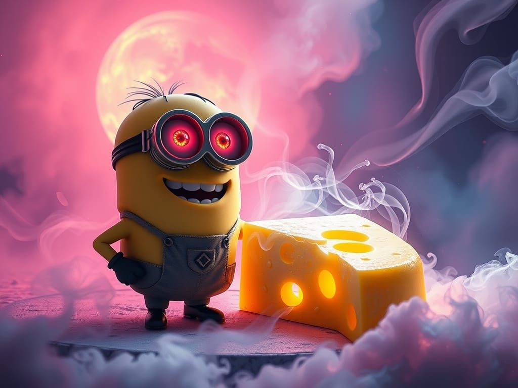 Psychedelic Minion in a Kaleidoscopic Cheese Wonderland