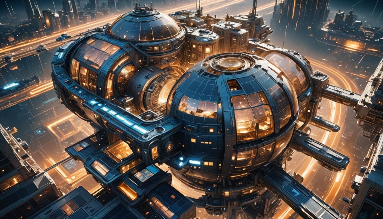 Futuristic Glowing Space Station Orbiting Earth