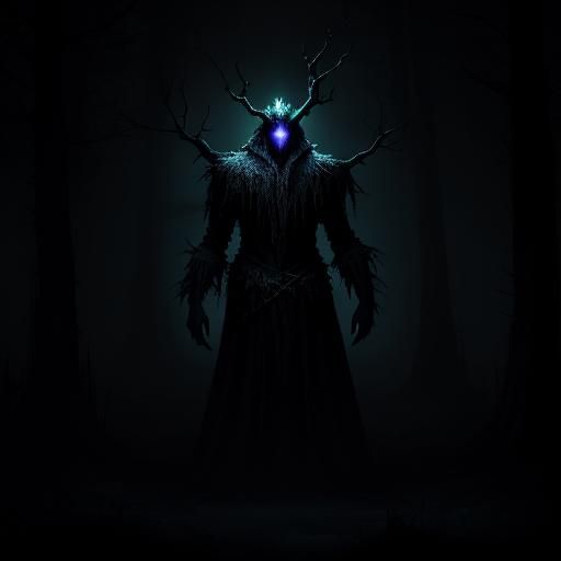 Eerie Warlock in Dark Forest with Glowing Moss
