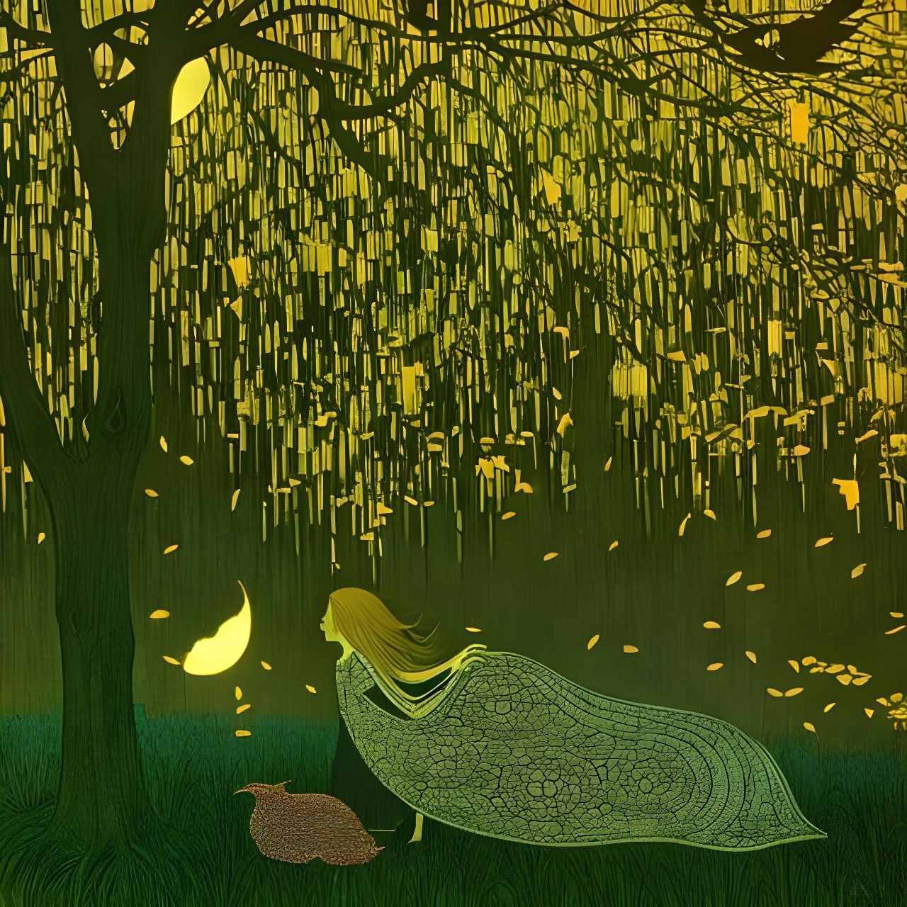 Moonlit Bed Under Willow Trees