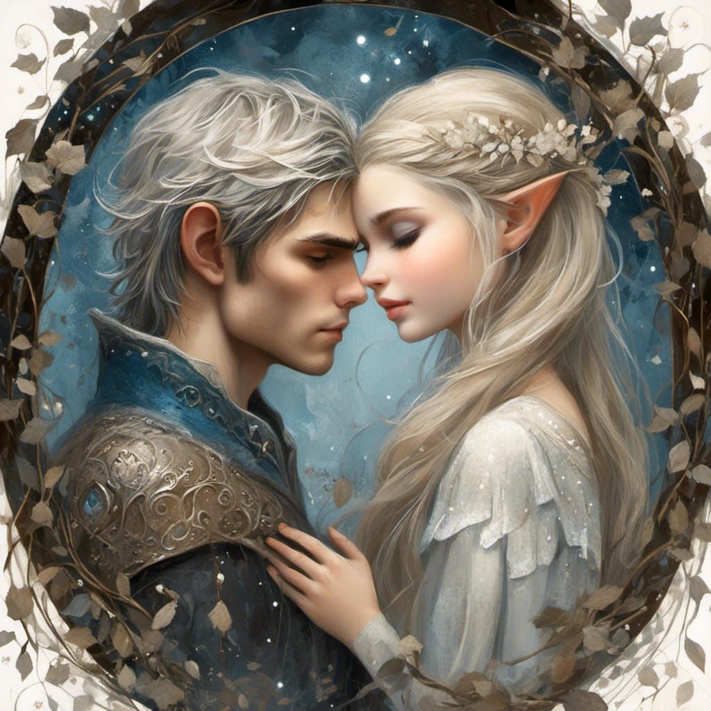 Elven Couple Embrace in Art Nouveau Style