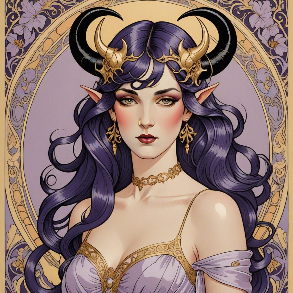 Art Nouveau Lilac Devil Portrait in George Barbier Style