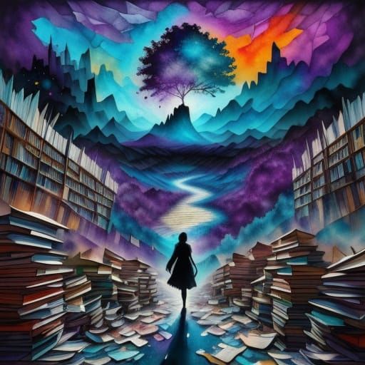 Surreal Watercolor of Young Woman Walking Through Maze of Bo...